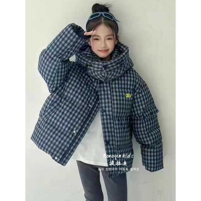 女童羽绒服加厚韩版童装2025冬季儿童字母格子拼色连帽羽绒服