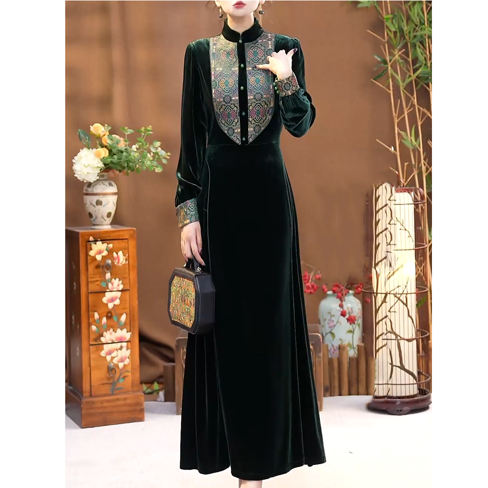 新中式国风改良旗袍连衣裙2025春秋新款文艺修身显瘦高贵旗袍长裙