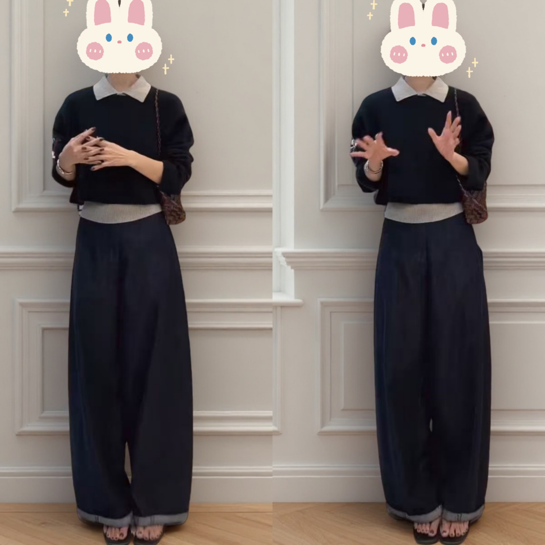 秋冬慵懒感撞色减龄POLO领背心两件套毛衣+阔腿拖地裤BB50450