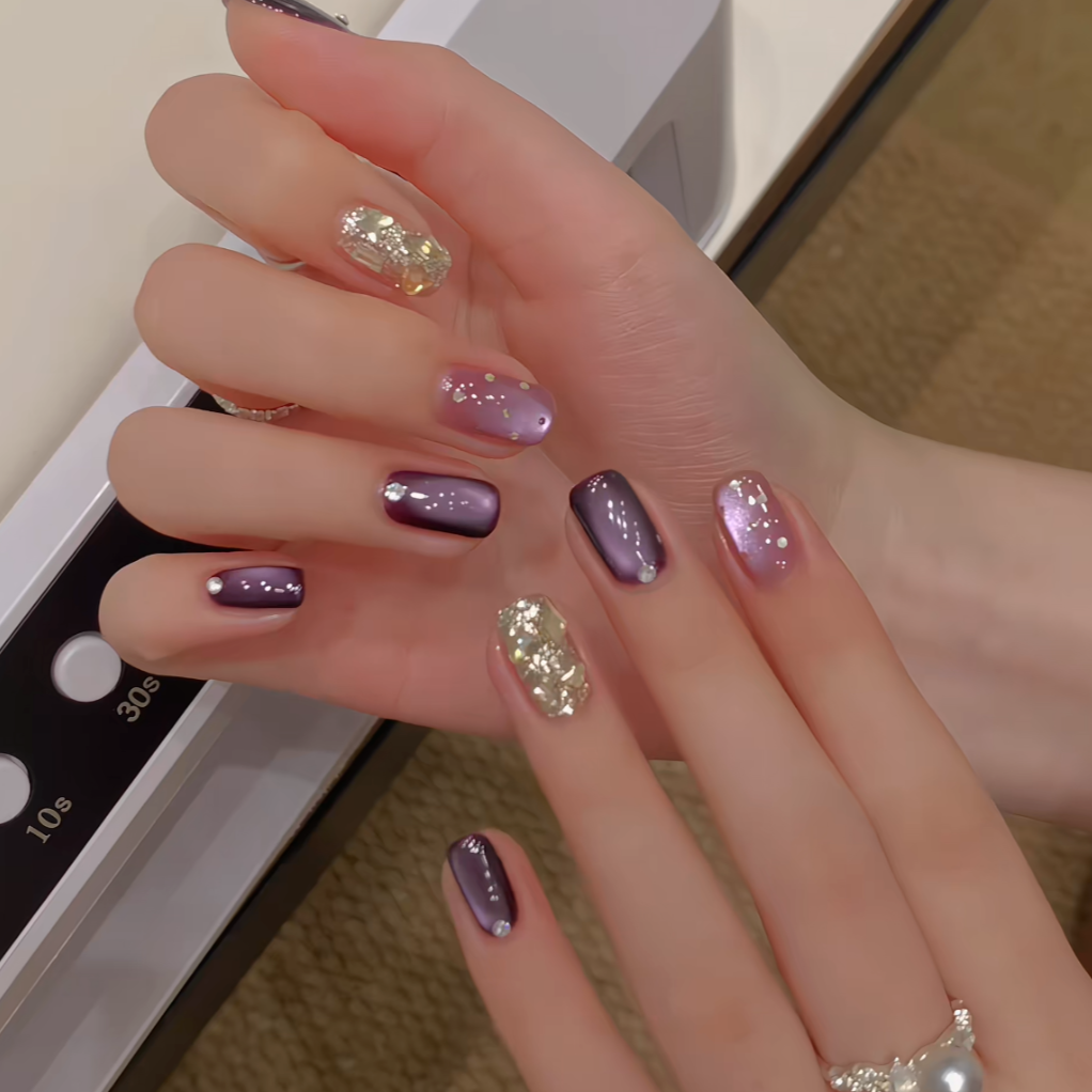 【黑加仑紫】紫色爆闪猫眼美甲穿戴甲片高级感法式显白短款美甲贴片