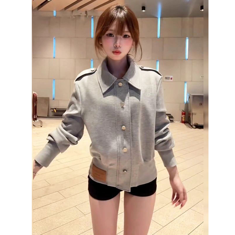 美式复古灰色立领短款夹克外套韩系慵懒感chic休闲百搭外套2025冬