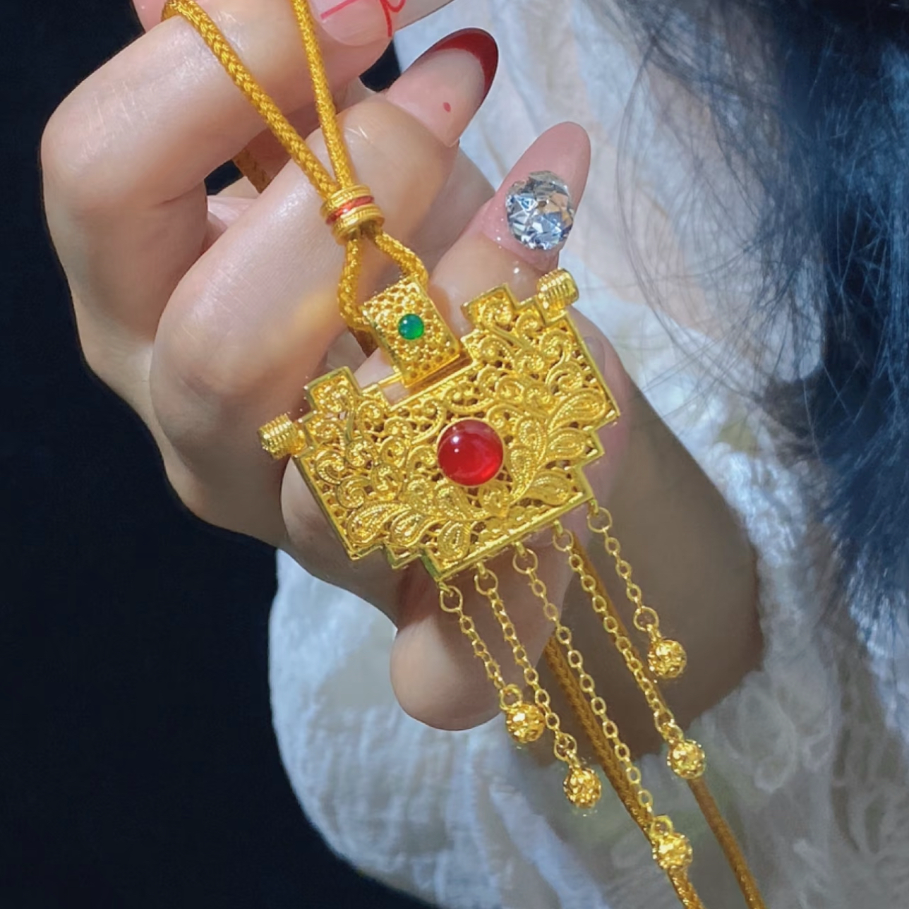 新中式花丝天子门生流苏铃铛方锁吊坠国风项链送礼物女毛衣链