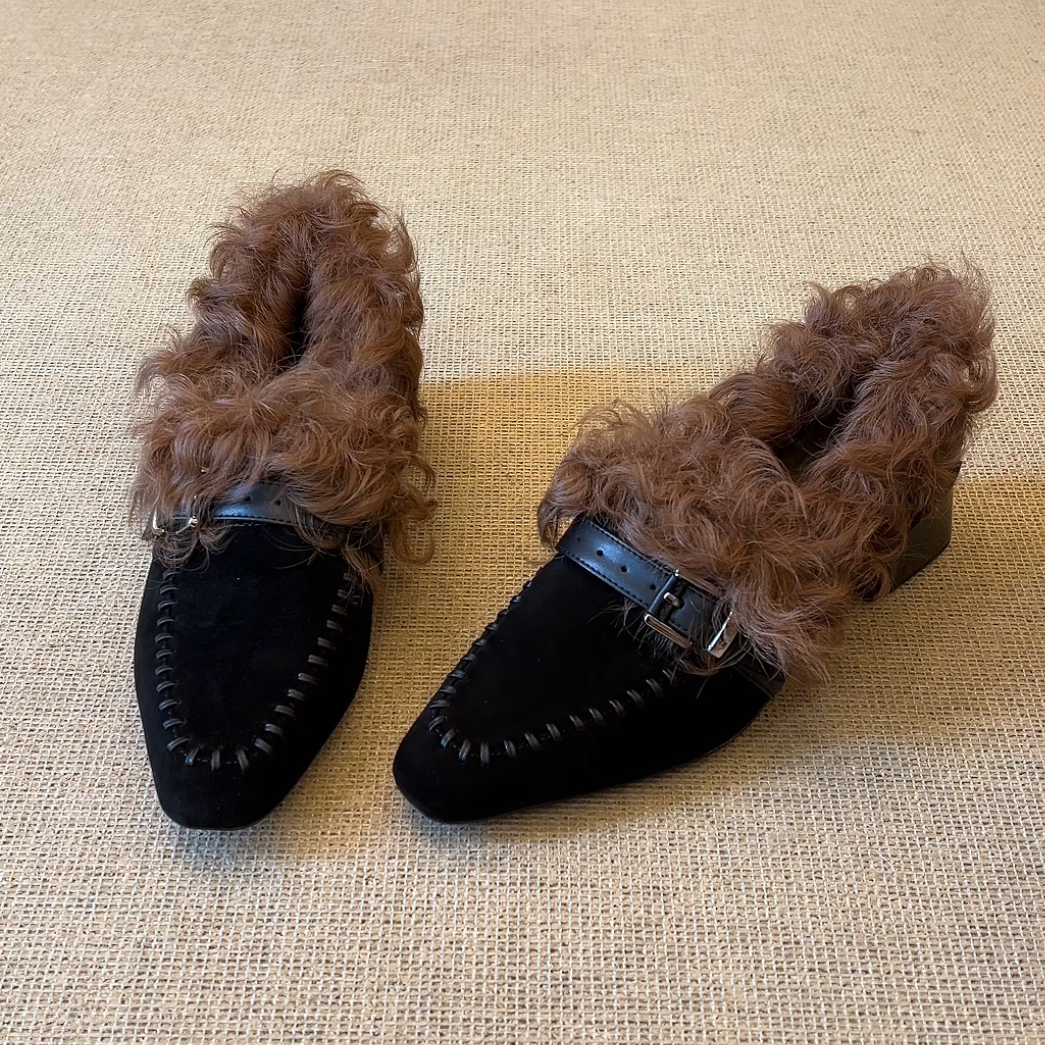 RubyL/4.5cm时尚设计感皮带扣磨砂舒适一脚蹬粗跟毛毛乐福鞋女款