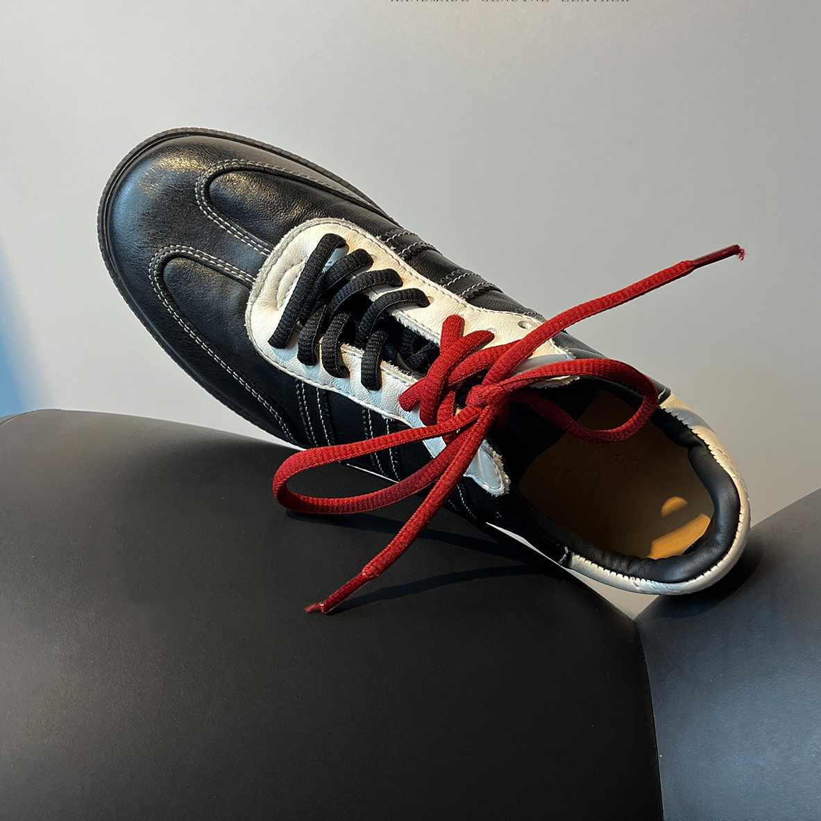 高档舒适进口水洗马皮黑色复古德训鞋女款秋冬系带板鞋休闲运动鞋