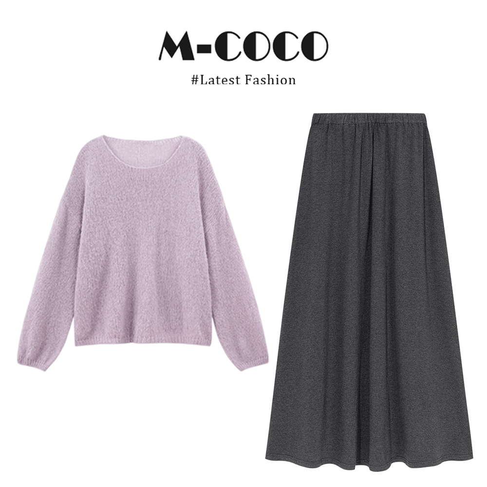 MARIE.COCO温柔气质慵懒风紫色针织衫毛衣上衣休闲显瘦半身裙套装
