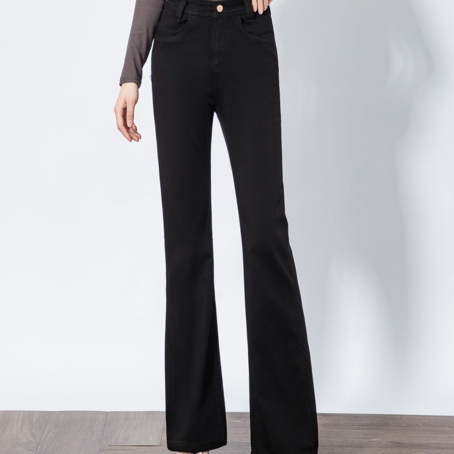 【JEANS】正黑色·黑色微喇裤牛仔裤女显瘦高腰弹力女士阔腿裤