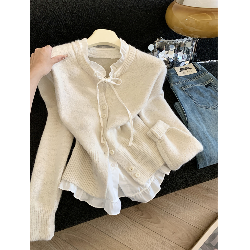 自留款推荐~黄色系带假两件针织毛衣开衫女秋冬新款温柔软糯外套
