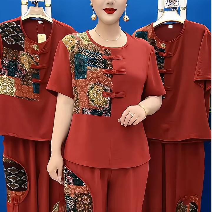 高档气质中年妈妈圆领短袖套装夏季薄款中国风盘扣两件套时尚女装