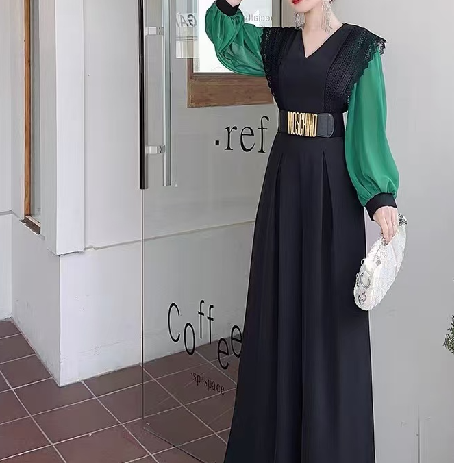 时尚拼色灯笼袖高腰显瘦气质垂感阔腿裤长款修身连体裤61303