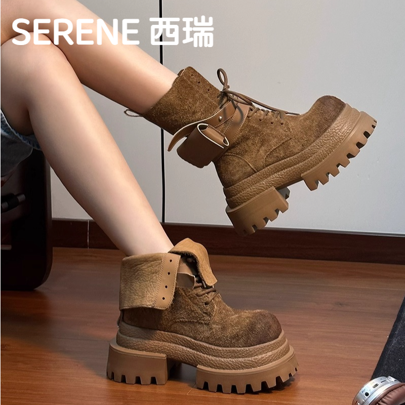 西瑞真皮做旧大头松糕厚底马丁靴女复古小个子增高阔腿裤必备鞋