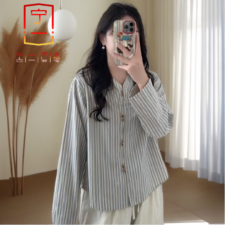【宁一女装】时尚洋气显瘦纯棉复古撞色条纹长袖衬衫女新款春秋休闲