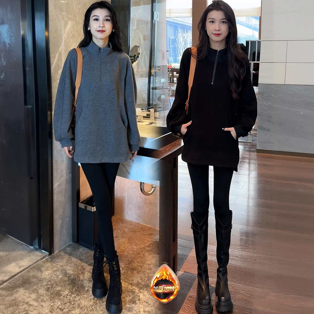 拉夏贝尔加绒长袖卫衣2025冬新款宽松中长款立领休闲上衣外套