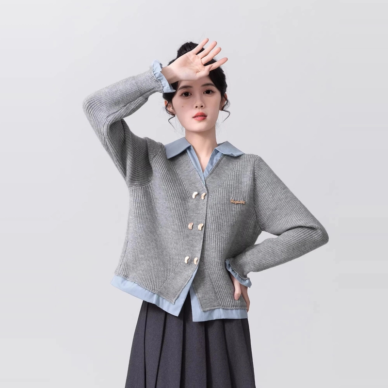 假两件POLO领毛衣女春秋2025新款学院风拼接针织开衫外套短款上衣