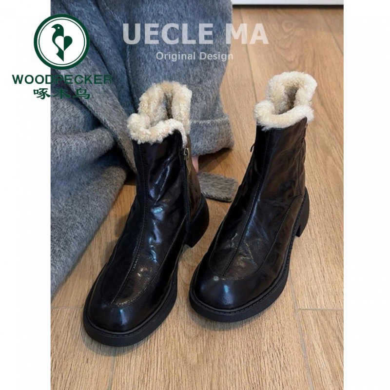 啄木鸟厚底雪地靴女2025新款冬季瘦瘦靴保暖棉鞋毛毛鞋小个子短靴