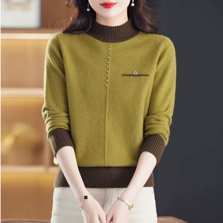 秋冬新款拼色圆领长袖针织套头百搭宽松气质毛衣女1451