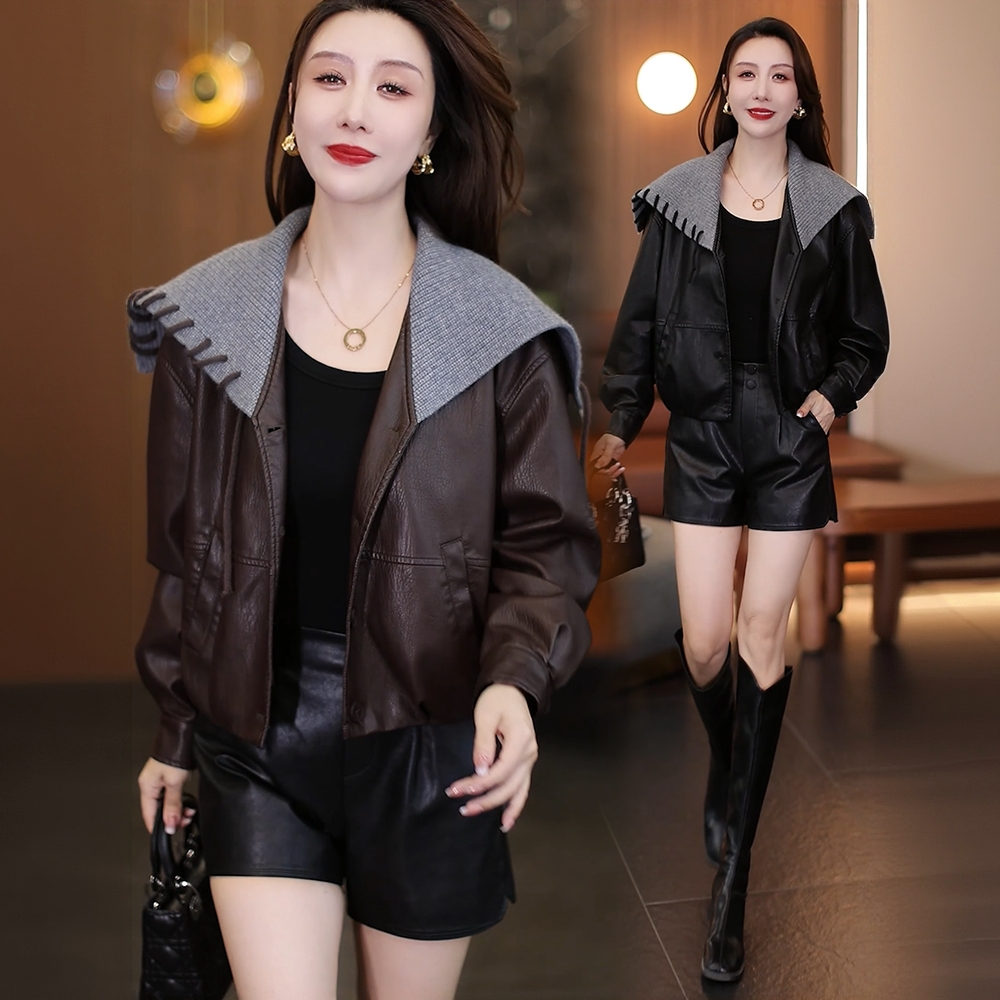 拉夏贝尔翻领皮衣短外套2025秋冬新款宽松百搭显瘦皮夹克上衣