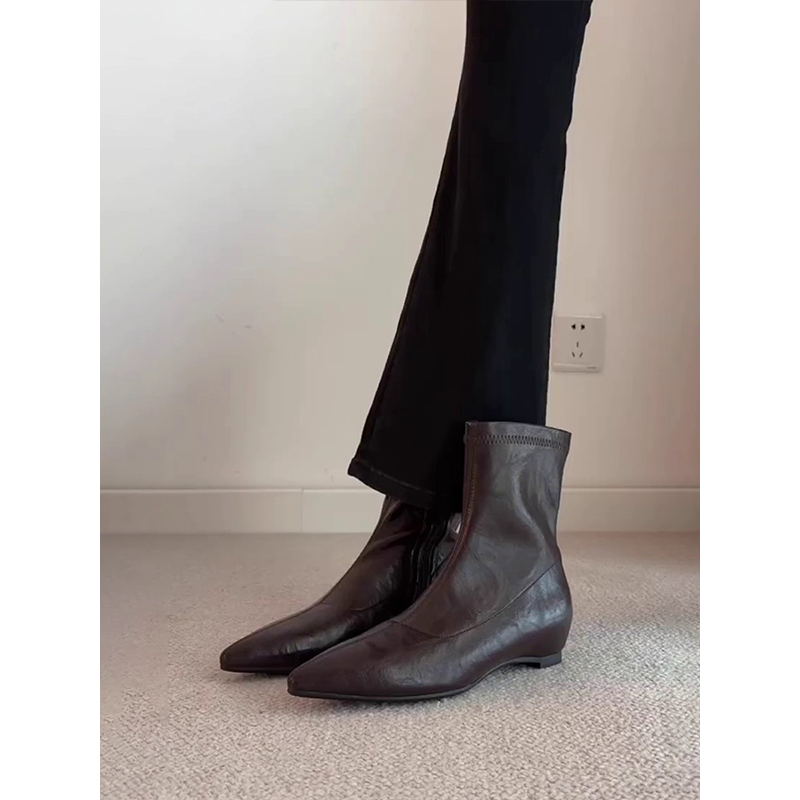 羊皮版~尖头简约内增高短靴复古瘦瘦靴女气质后拉链显瘦弹力靴子