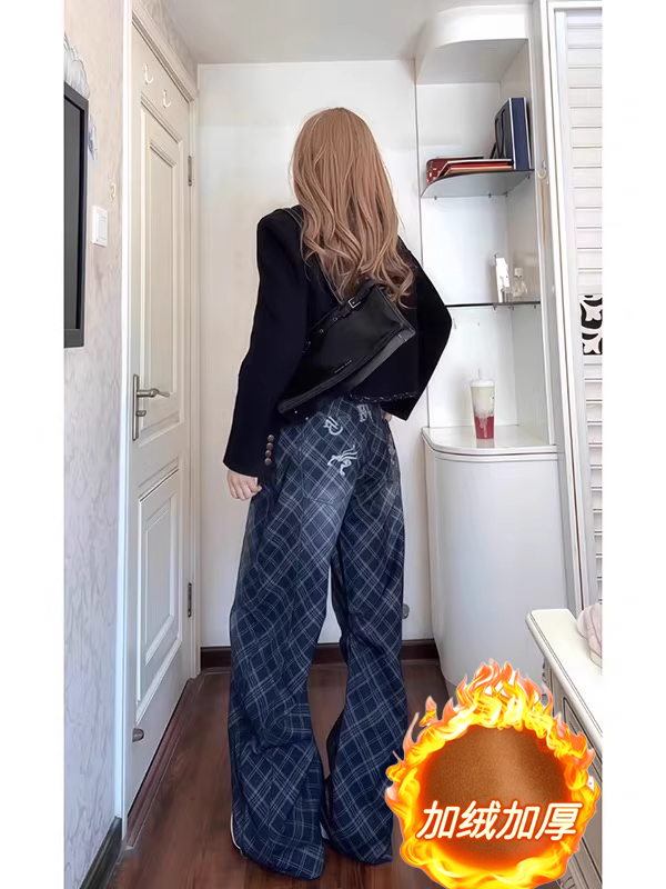 美式复古辣妹格纹牛仔裤女背面印花2025秋冬新款设计感阔腿裤子