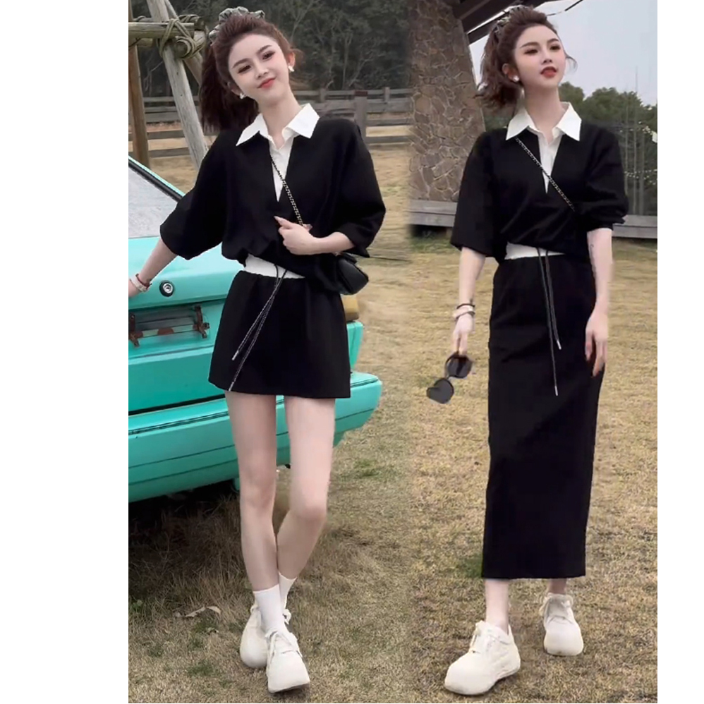 黑色套装裙女2025秋季新款裙子洋气爆款假两件上衣半身裙两件套裙