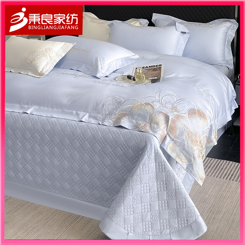 轻奢高级长绒棉床盖四件套全棉纯棉绣花被套床单床笠刺绣裸睡床品
