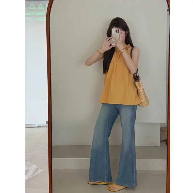 新款微喇牛仔裤女2025蓝色薄款大码胖mm高腰修身显瘦弹力喇叭裤