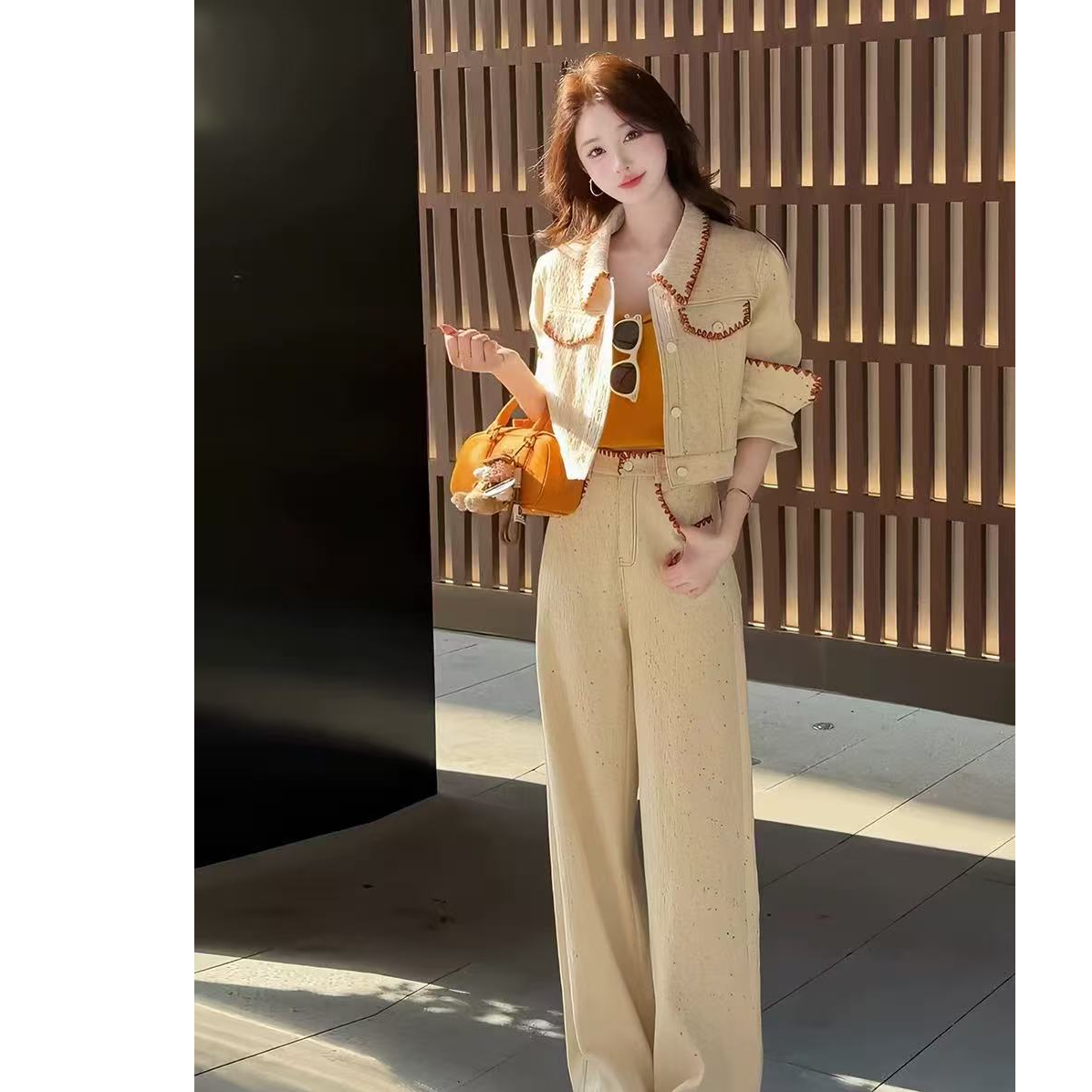美式重工拼接修身牛仔短外套女2025年秋季新款高腰直筒裤两件套装