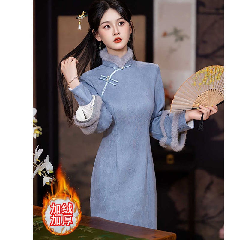 蓝色旗袍新款中式2025加绒加厚冬季复古日常年轻女改良日常小个子