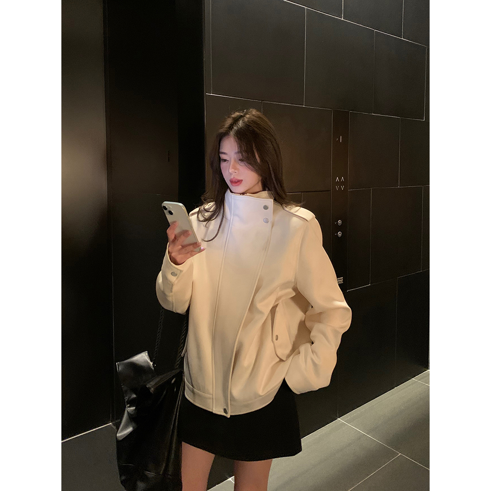 【白巧恋人】杏色麂皮绒外套女秋季新款2025设计感机车风宽松夹克衣