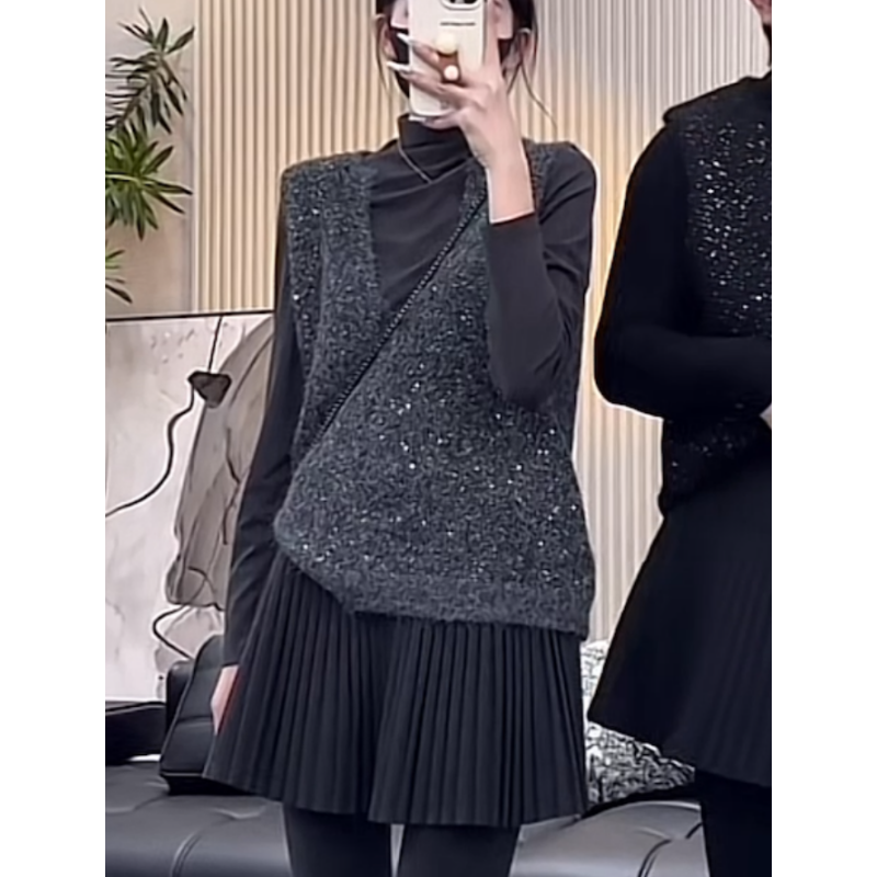 针织亮片背心马甲2025春秋大码胖MM无袖保暖V领慵懒高级加厚上衣