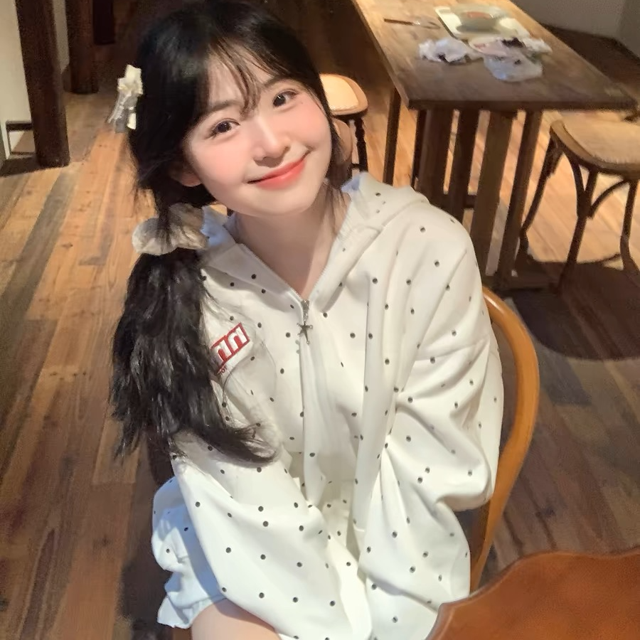 韩系甜美波点满印连帽开衫卫衣女秋奶fufu宽松小个子学生百搭外套