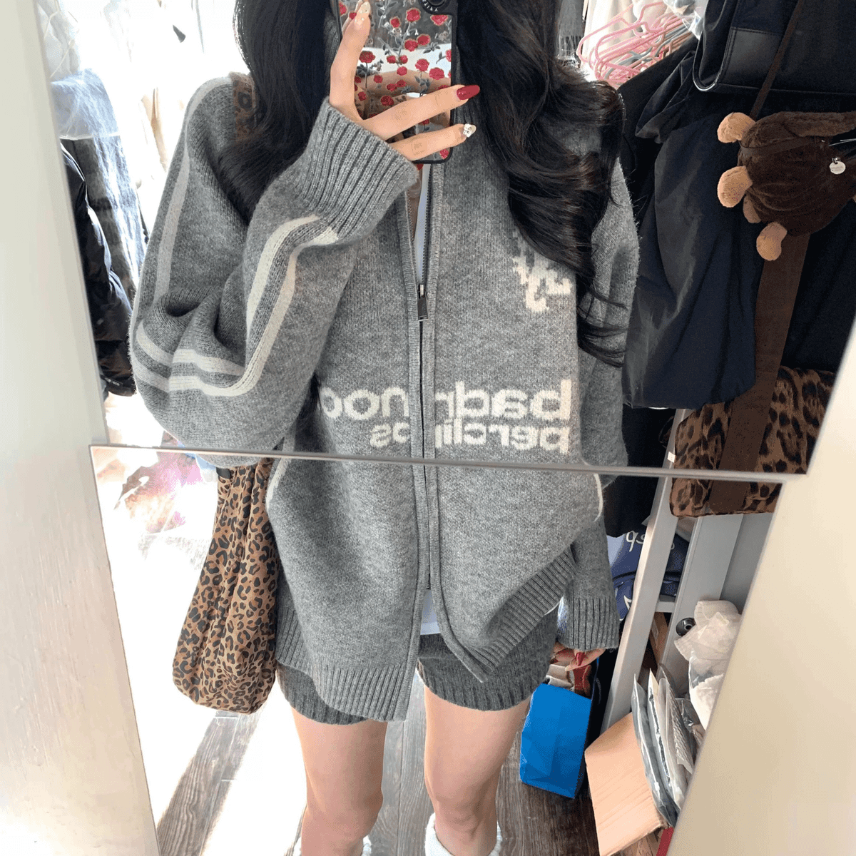 oversize！棒球风翻领拉链毛衣开衫女外套秋季新款韩版宽松针织衫