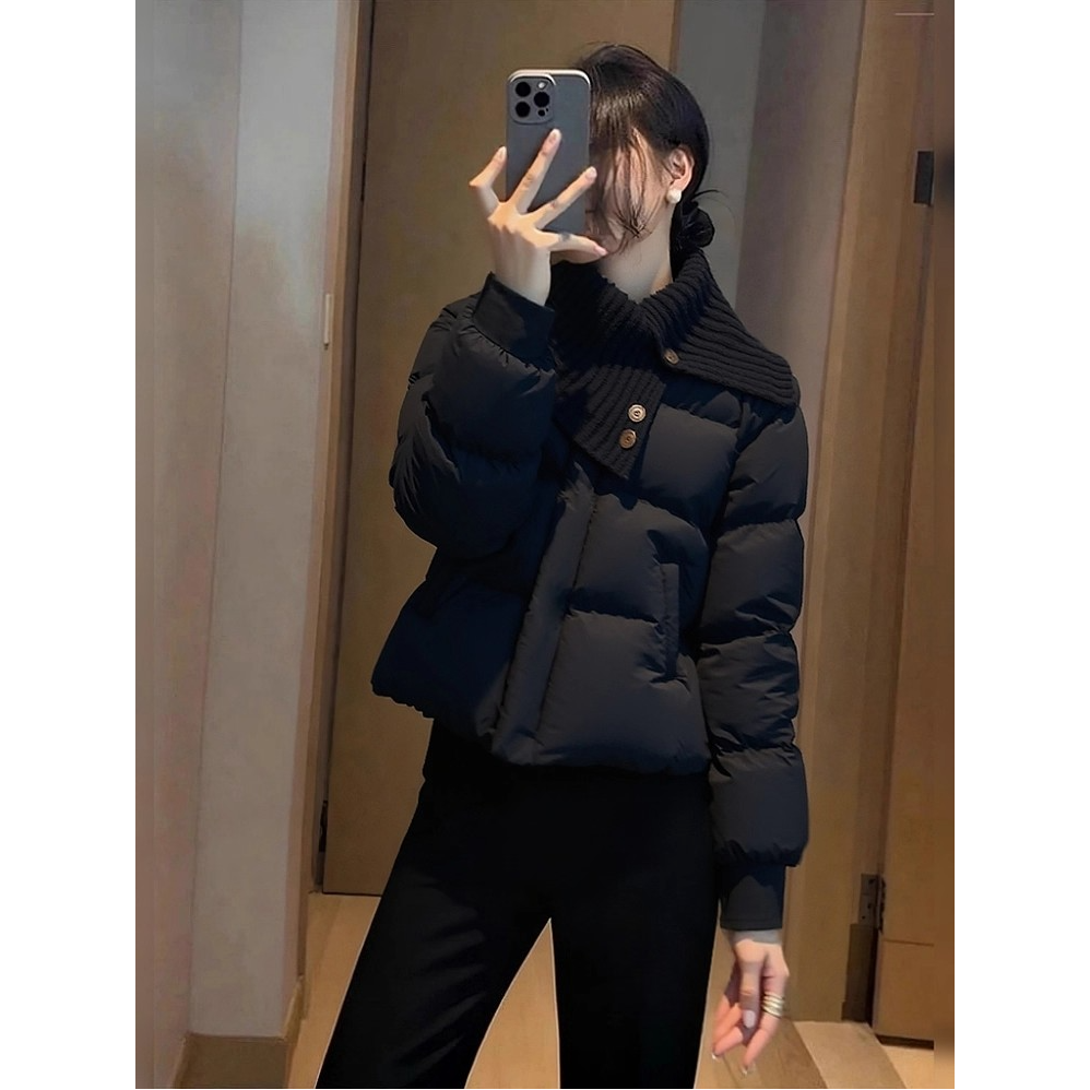 2025冬季新款设计感韩版针织大翻领拼接黑色保暖短款棉服厚外套女