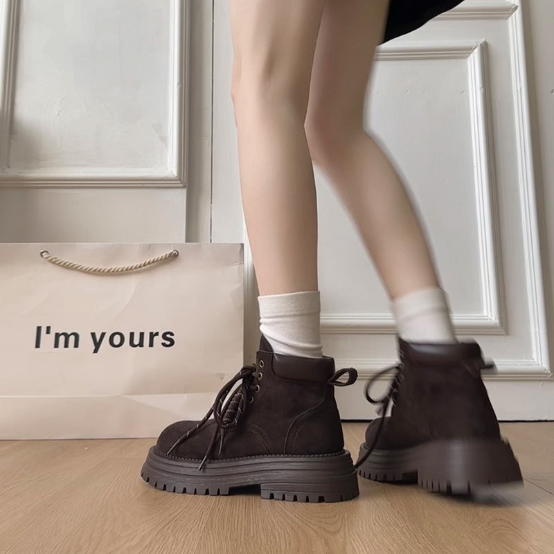 卡其复古英伦风厚底马丁靴女款2025新款秋季小个子增高美拉德短靴