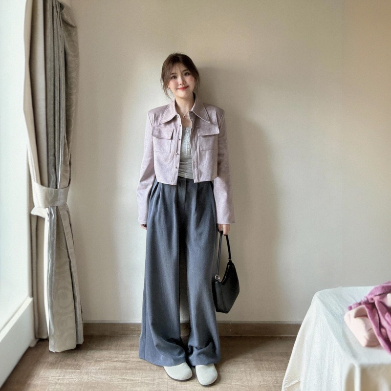 早秋穿搭一整套高级感小香风紫色短款开衫外套显瘦阔腿裤减龄套装