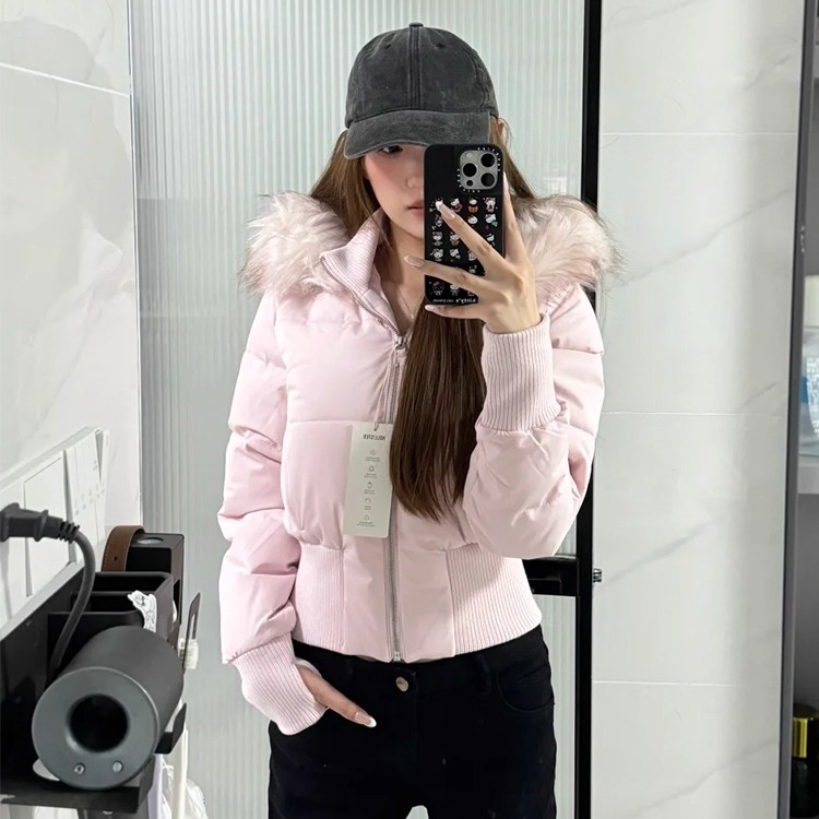 美式毛领连帽羽绒棉服2025女冬季新款高级感小众百搭显瘦保暖棉衣