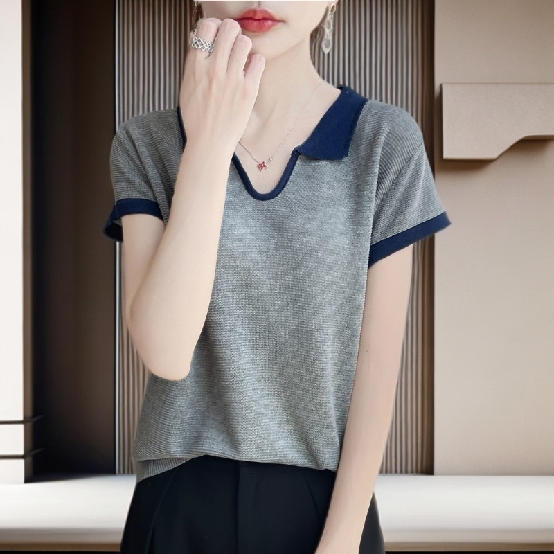 【雅岚女装】时尚洋气显瘦女T恤U领针织短袖设计感撞色拼接翻领百搭