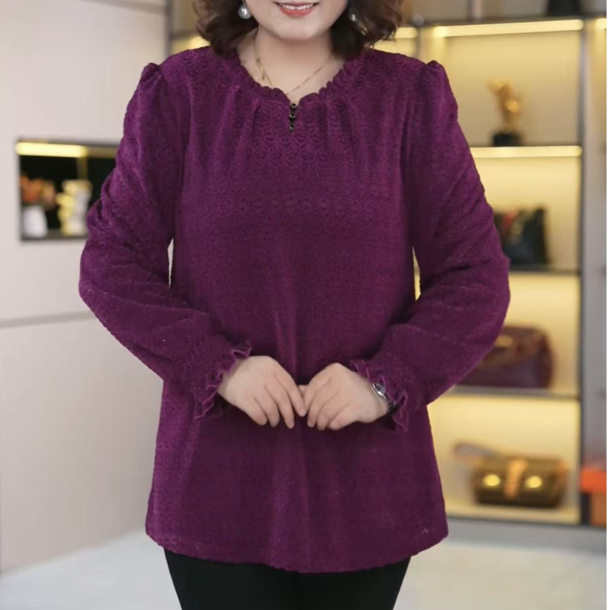 新款定制大码女装秋冬高级精致亲肤遮肉显瘦优雅遮肚上衣241319