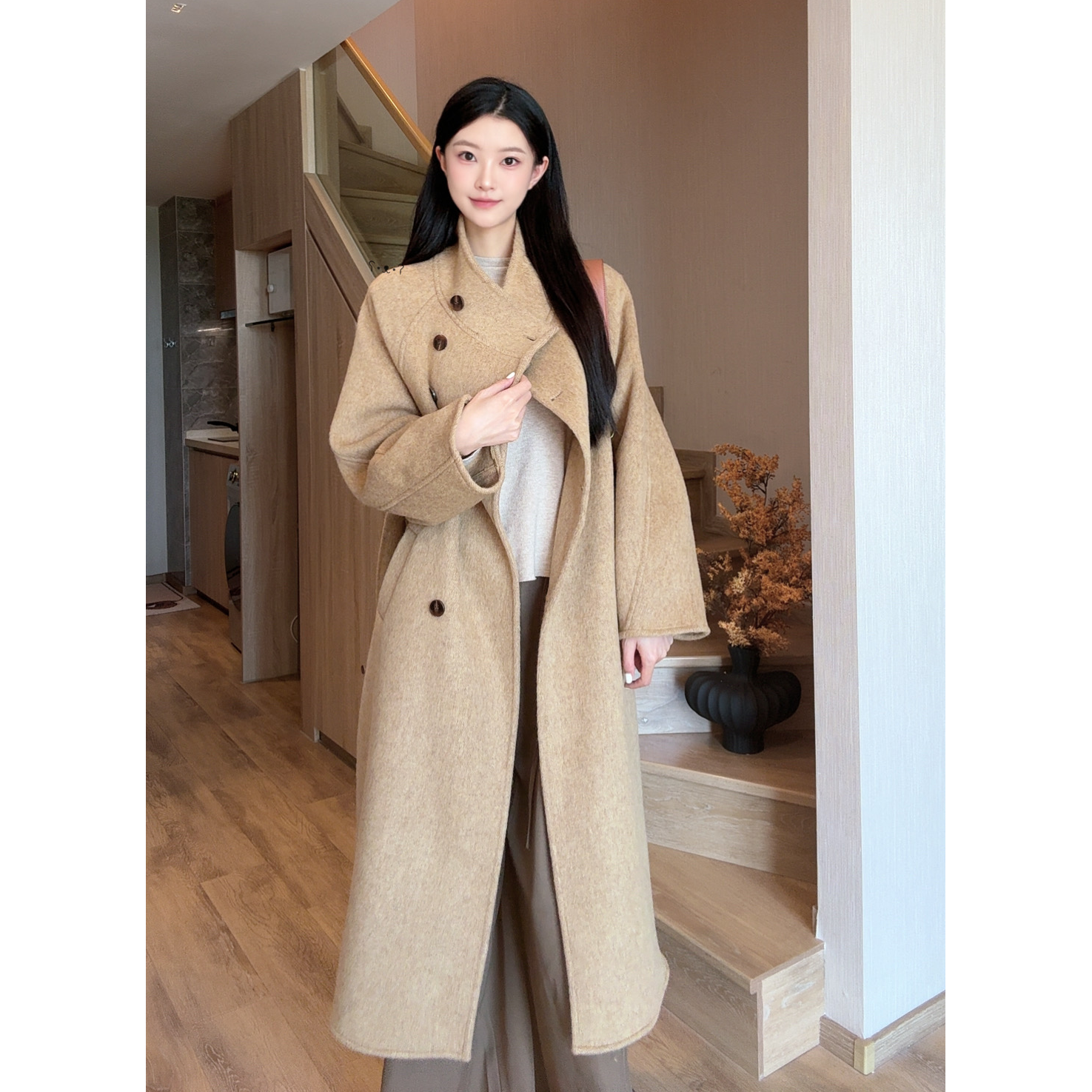 冬季新品正肩阔版中长款双面呢羊毛大衣