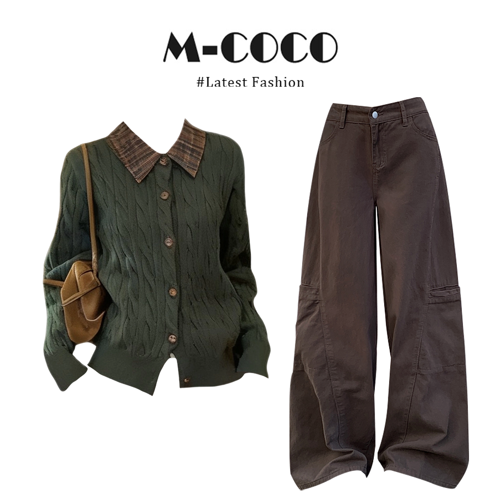 parkyeon秋冬美式复古绿色格子针织衫毛衣搭配工装牛仔裤两件套