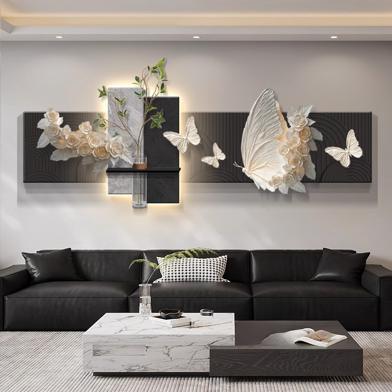 2025新款LED灯画花瓶绿植客厅装饰画中古风高级感沙发背景墙挂画