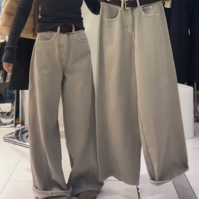 冬季新款奶茶灰咖加绒加厚新直筒弯刀阔腿显瘦牛仔裤LK2507689