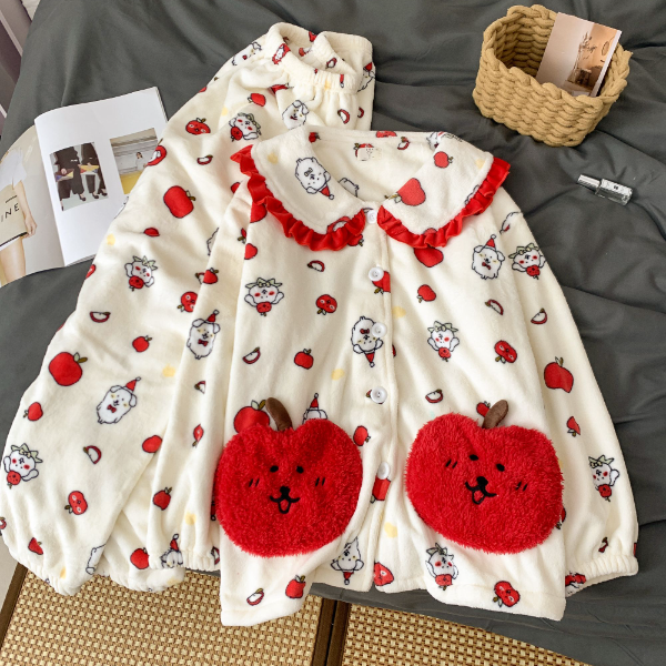 苹果自嘲熊秋冬季女款睡衣加厚保暖法兰绒长袖长裤甜美家居服套装