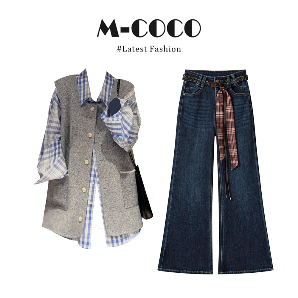 MARIE.COCO韩版慵懒风蓝色格纹长袖衬衫显瘦防晒上衣搭休闲裤套装