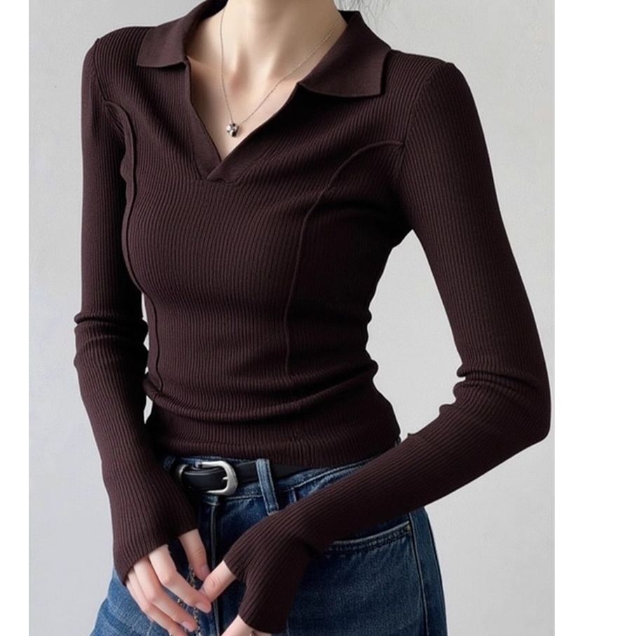 法式polo衫翻领针织打底衫女秋冬季新款百搭内搭毛衣气质长袖上衣