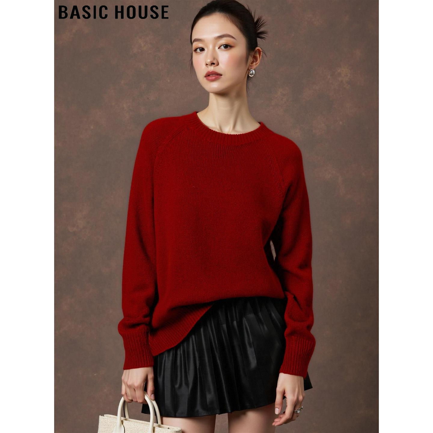 Basic House/百家好软糯红色100%羊毛针织毛衣女2025秋冬内搭上衣