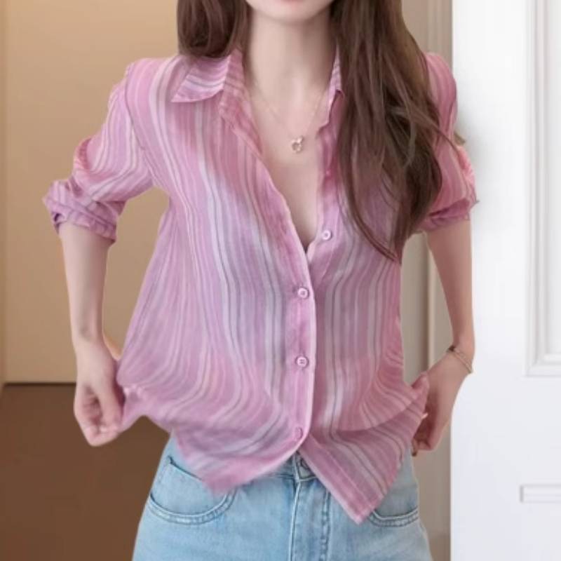 夏季新款洋气氛围感粉色竖条纹衬衫时尚减龄显瘦衬衣LK2503442