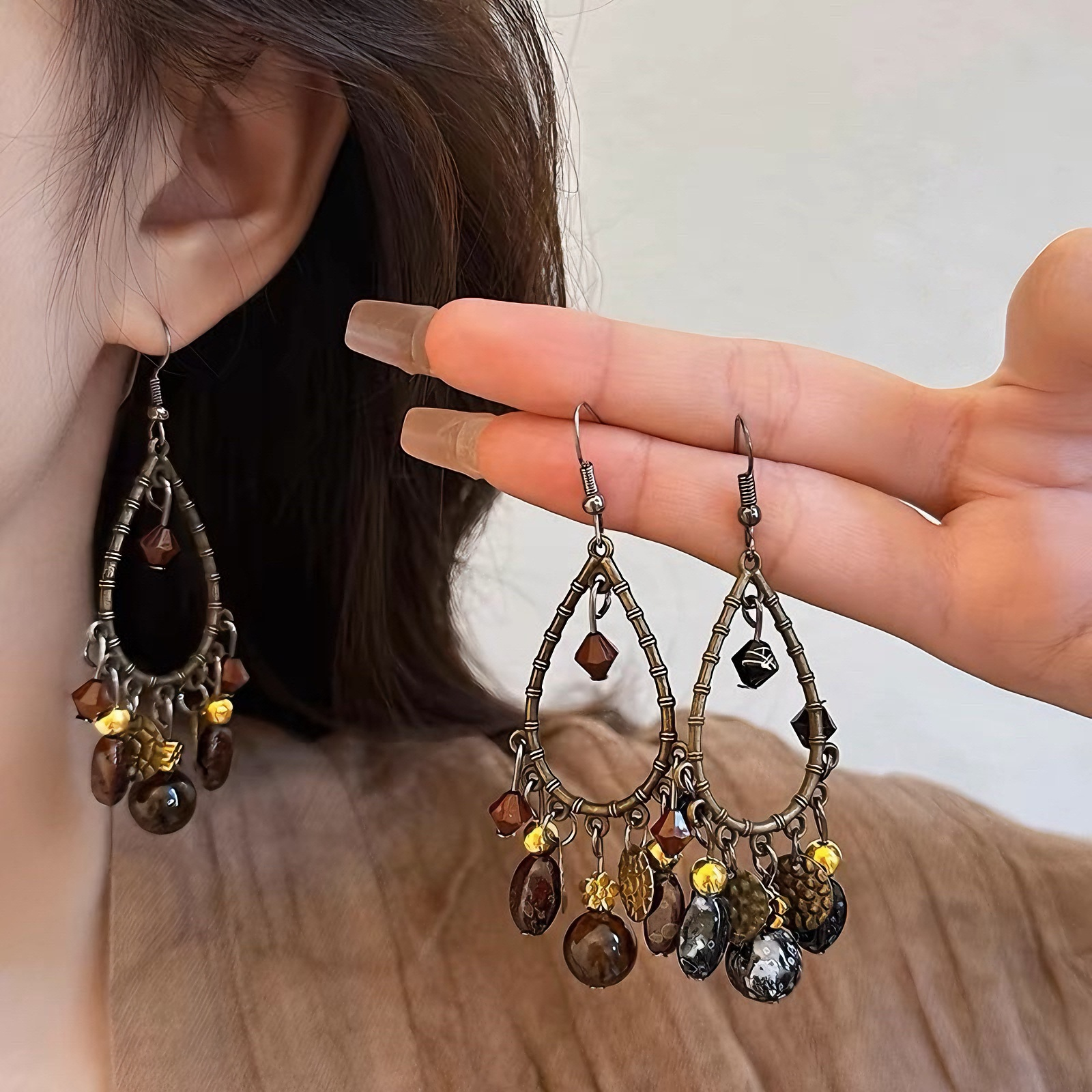 合金亚克力耳饰 合金耳饰气质长款个性民族风流苏耳环方圆脸ins