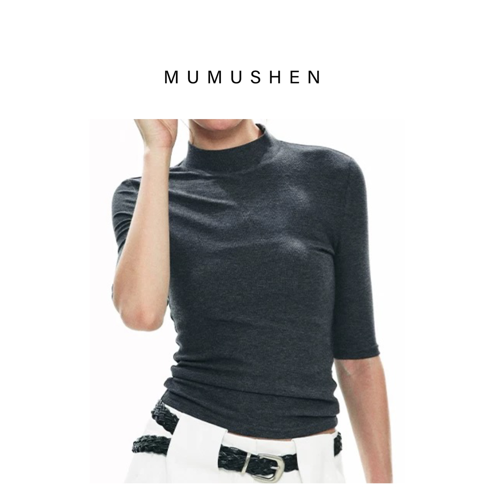 MUMUSHEN  百搭中袖半高领显瘦修身中袖针织T恤打底衫上衣