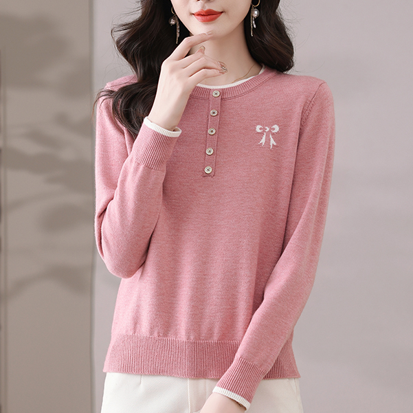 2025秋冬新款蝴蝶结圆领长袖针织上衣宽松显瘦网红洋气保暖女装