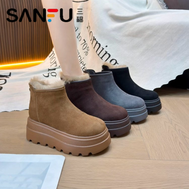 三福小个子雪地靴增高7CM女鞋靴2025冬季新款时装靴加绒保暖短靴